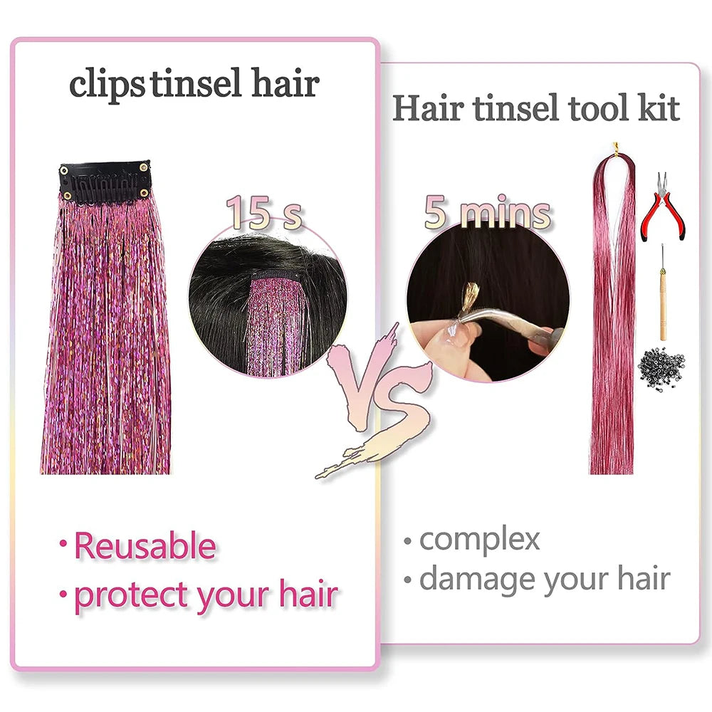 Wholesale 5Pcs/Pack Sparkling Shiny Hair Extensions Clip In Sparkle Shiny Hair Tinsel Rainbow Shiny Sparkle Hair Tinsel Pink/Red