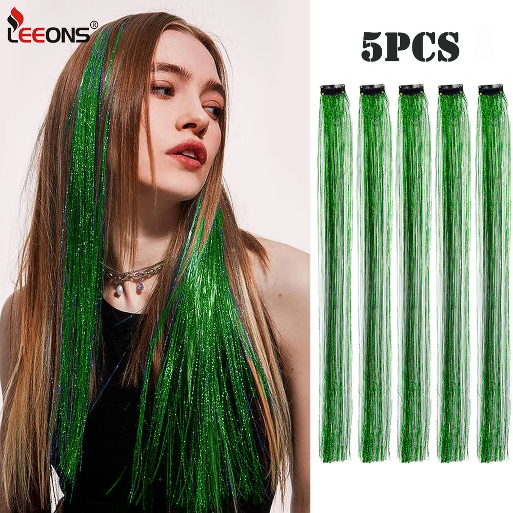 Wholesale 5Pcs/Pack Sparkling Shiny Hair Extensions Clip In Sparkle Shiny Hair Tinsel Rainbow Shiny Sparkle Hair Tinsel Pink/Red