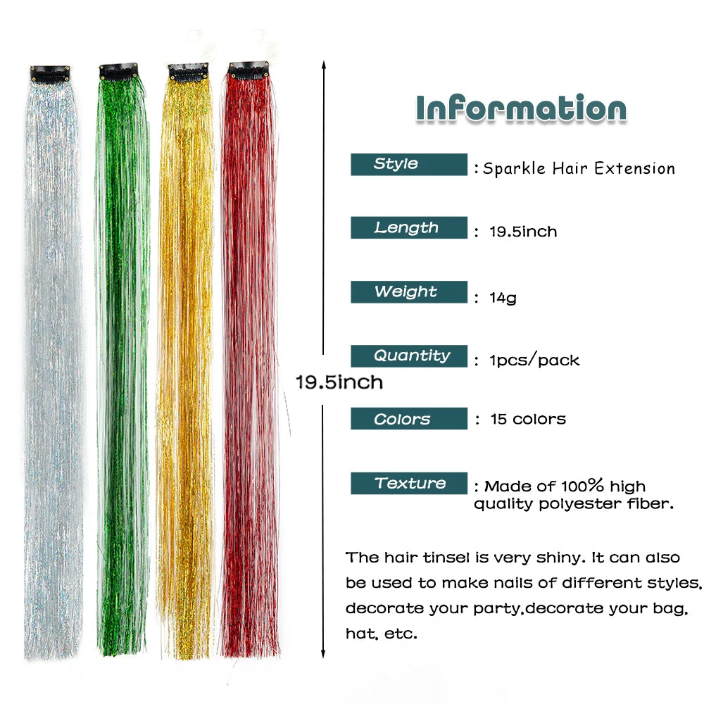 Wholesale 5Pcs/Pack Sparkling Shiny Hair Extensions Clip In Sparkle Shiny Hair Tinsel Rainbow Shiny Sparkle Hair Tinsel Pink/Red