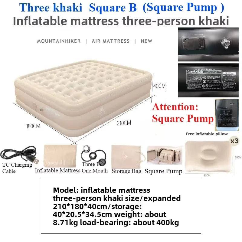 MOUNTAINHIKER New Interior Air Mattress Glamping Mats PVC Inflatable Sleeping Mattress 1/3 Person Camping Bed Mat Built-in Pump