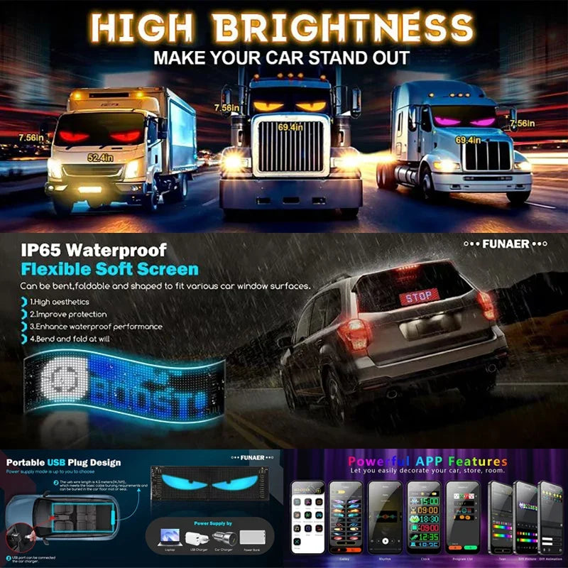 LED Truck Devil Eye Matrix Pixel Panel Remote App Control Soft Lighting Graffiti Scrolling DIY Programmable Flexible Screen