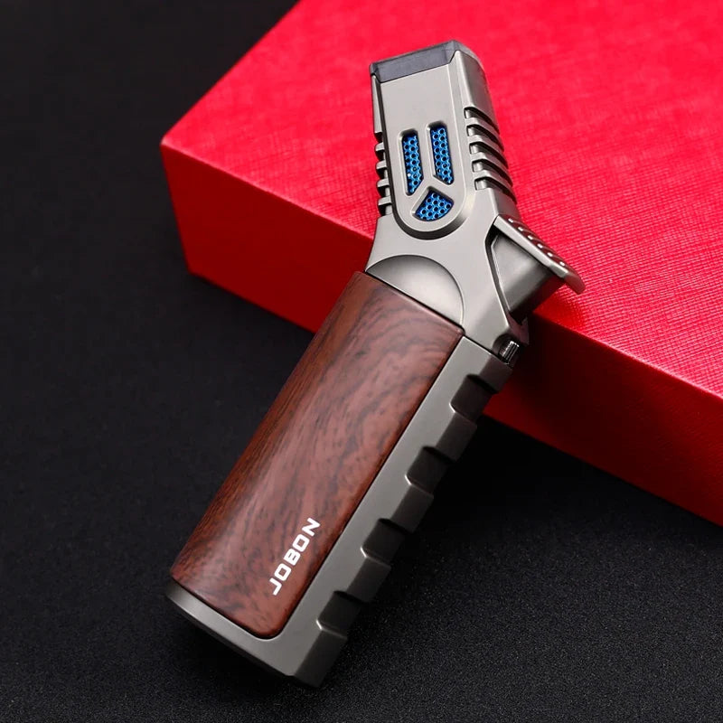 JOBON-Windproof Inflatable Cigar Lighter, Strong Four Blue Flame, Adjustable Size, Fixed Fire Lock Design, Torch Gun Cycle