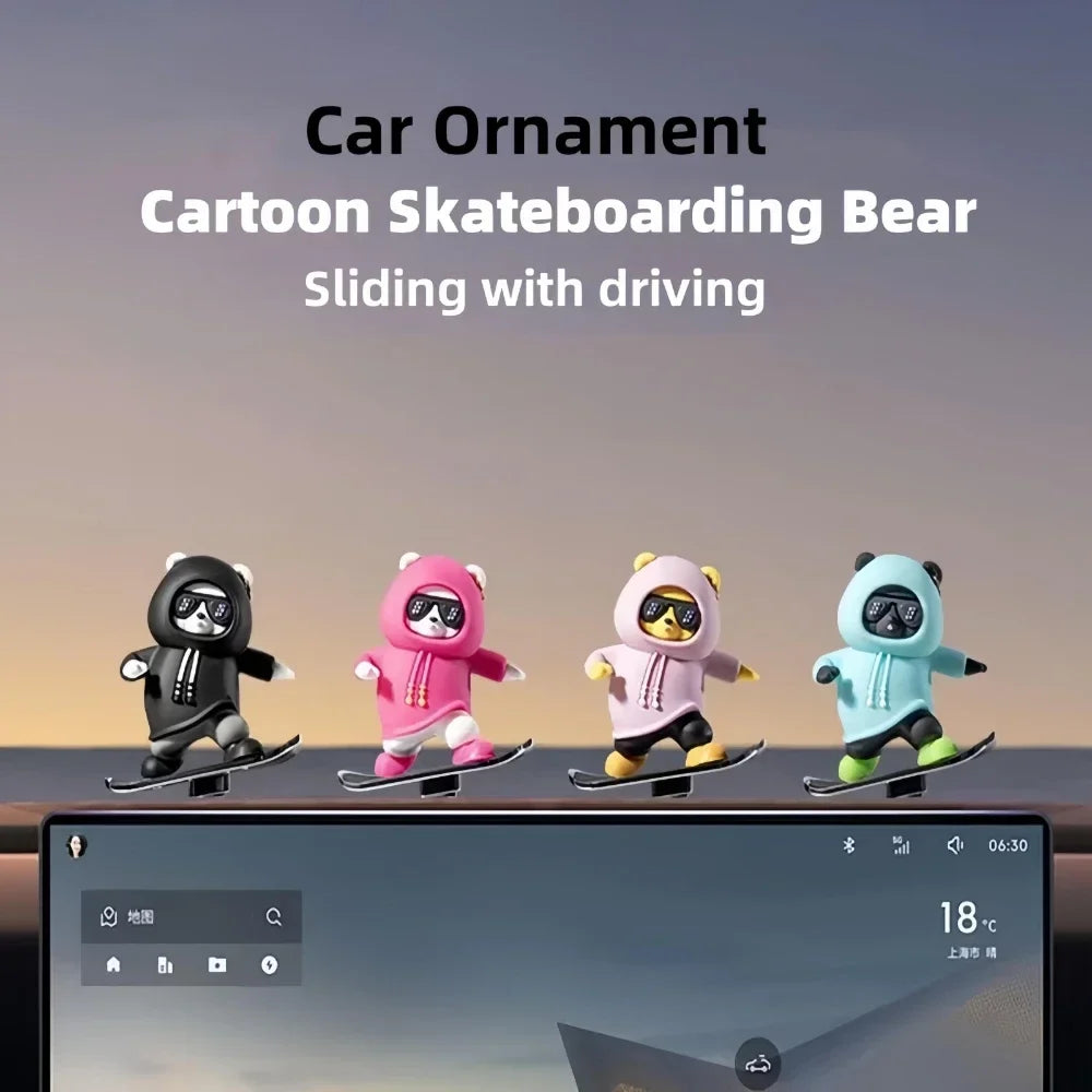 DOXINGYE Car Ornament Car Center Console Ornaments Mini Cartoon Skateboard Bear Decorations Auto Interior Decor Accessories