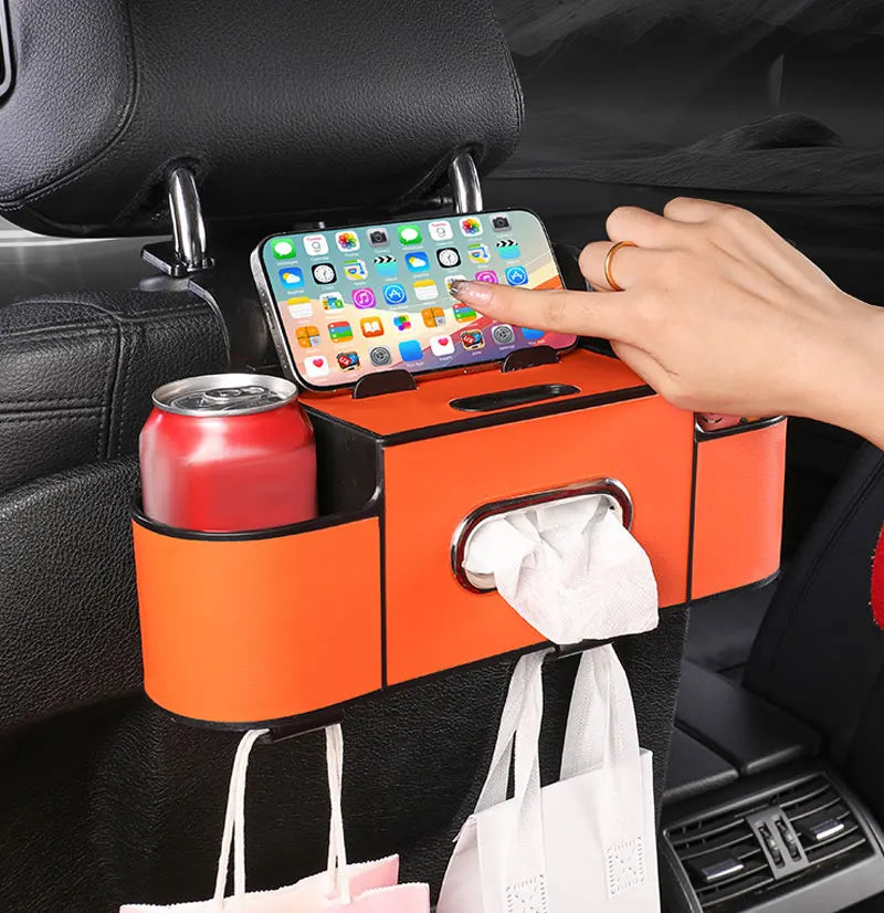 Car Back Seat Organizer with 2 Drink Cup Holder-Tissue Box and Storage Box Hook-Multi-functional Storage-Great for Travel