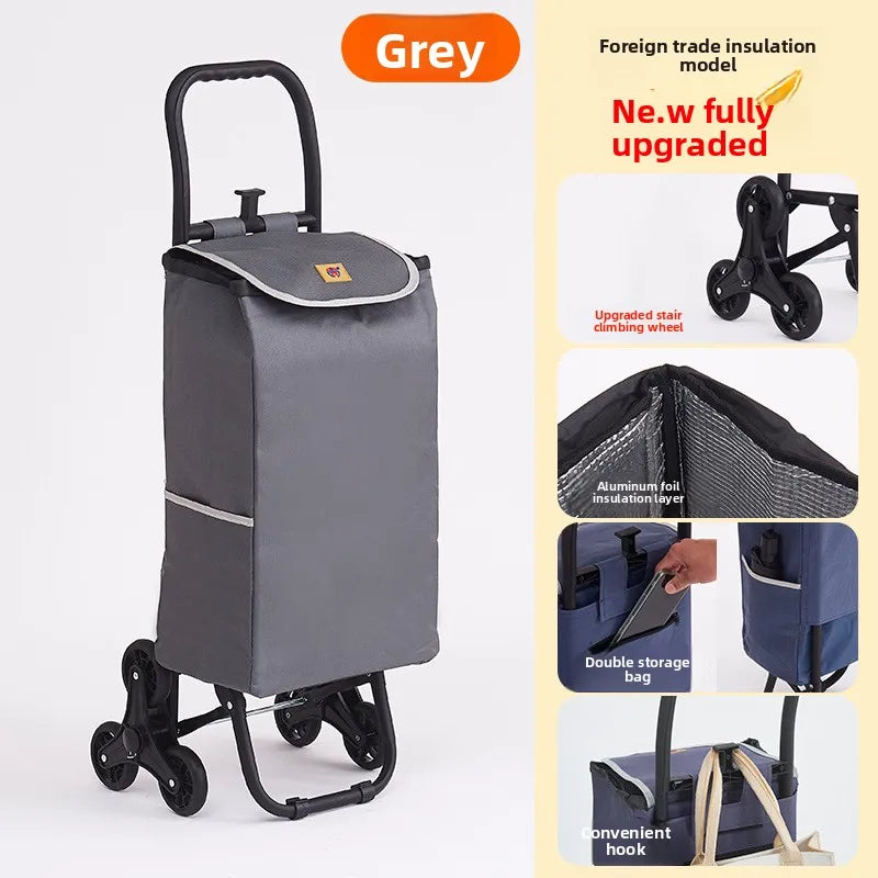 Portable wheeled trolley, climbing three wheeled folding elderly shopping cart, grocery cart, insulated Oxford cloth bag