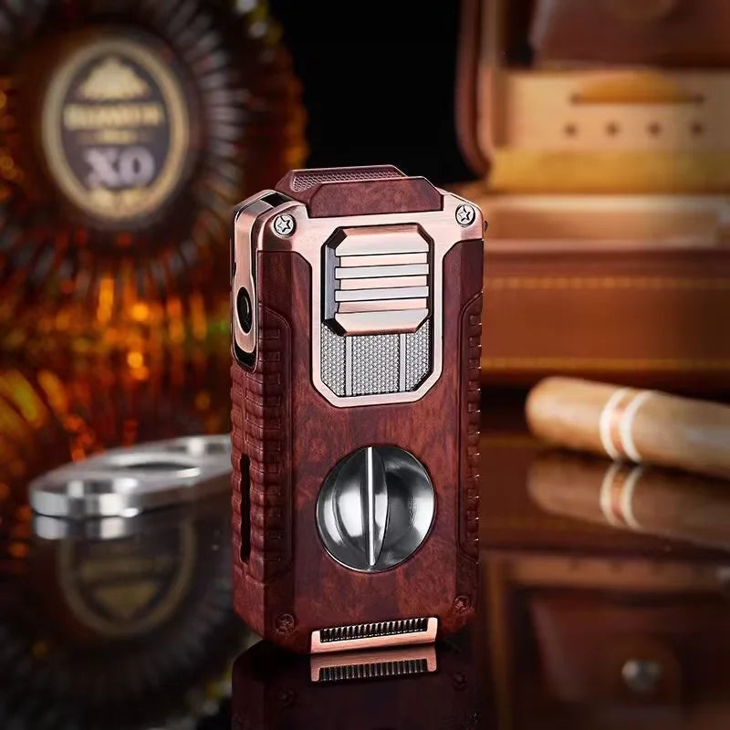 Strong Three Flame Cigar Lighter V-shaped Cigar Cutter Bottom Cigar Drill Cigar Thru Needle Visual Gas Window