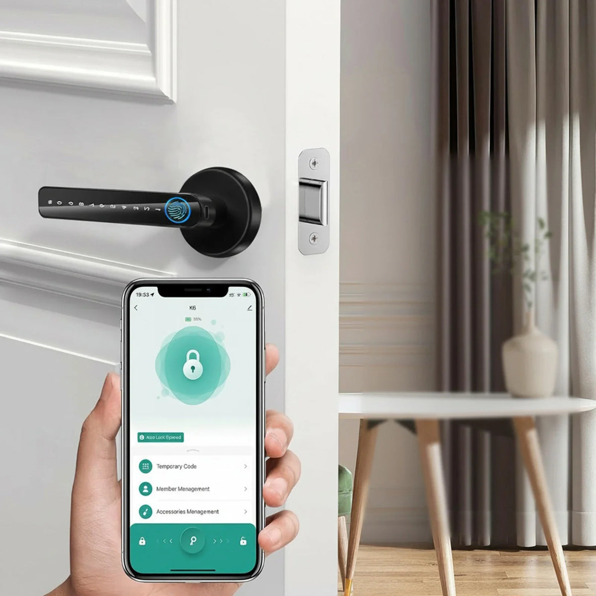 Fingerprint Door Lock with Handle Keyless Entry Door Lock with App Control/Key/IC Card for Home Hotel Office Apartment Bedroom