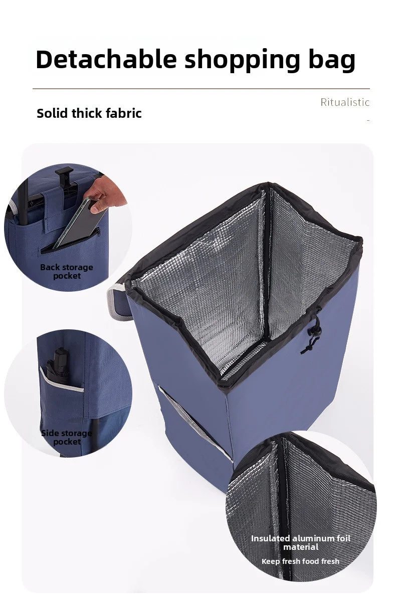 Portable wheeled trolley, climbing three wheeled folding elderly shopping cart, grocery cart, insulated Oxford cloth bag