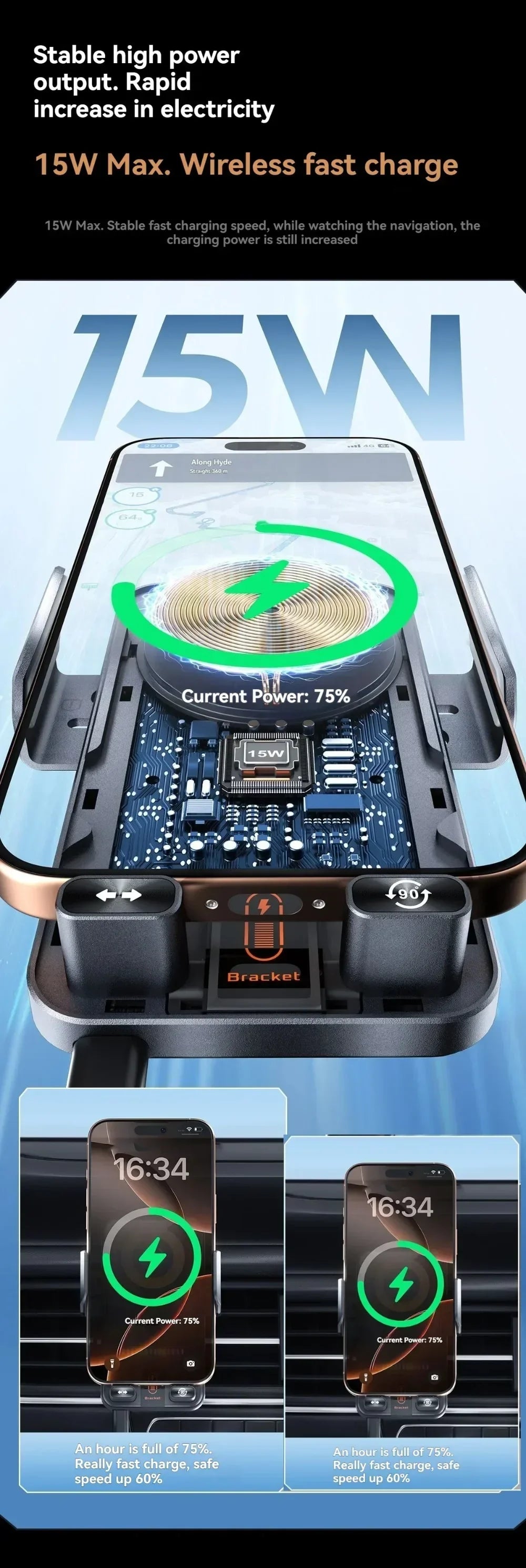 Car Unicersal Air Vent Electric Rotating Opening Closing Phone Holder 15W Wireless Charger Dual Coil Smart Phones Fast Charging