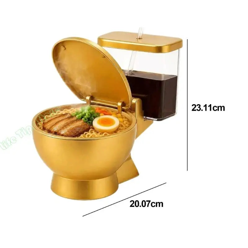 Gold Look Ramen Bowl Set with Side Straw Cup, Hinged Lid, and Toilet Profile for Soup Meals, Dorm Tables, Shared Use, and