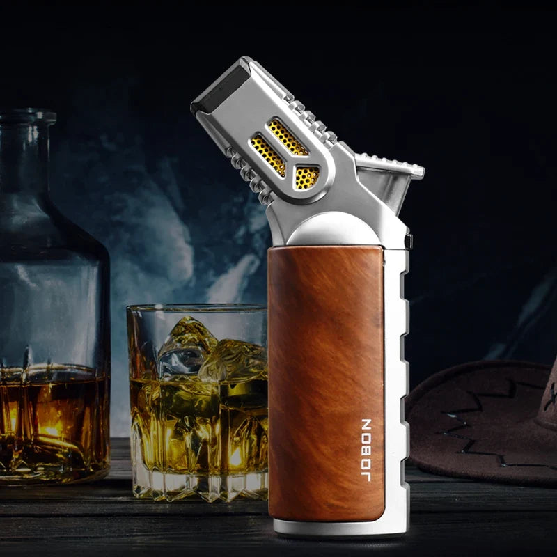 JOBON-Windproof Inflatable Cigar Lighter, Strong Four Blue Flame, Adjustable Size, Fixed Fire Lock Design, Torch Gun Cycle