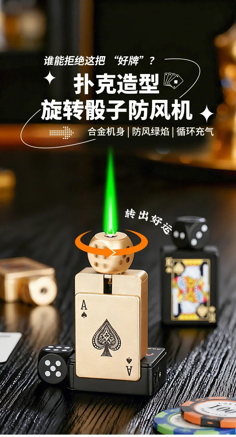 Tiktok Hot Sales Rotating Dice Playing Card Gas Lighter Decompression Toy Tide Play Gas Lighter Green Flame Windproof Lighter