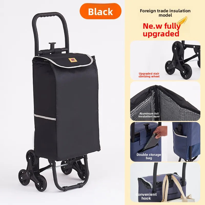 Portable wheeled trolley, climbing three wheeled folding elderly shopping cart, grocery cart, insulated Oxford cloth bag