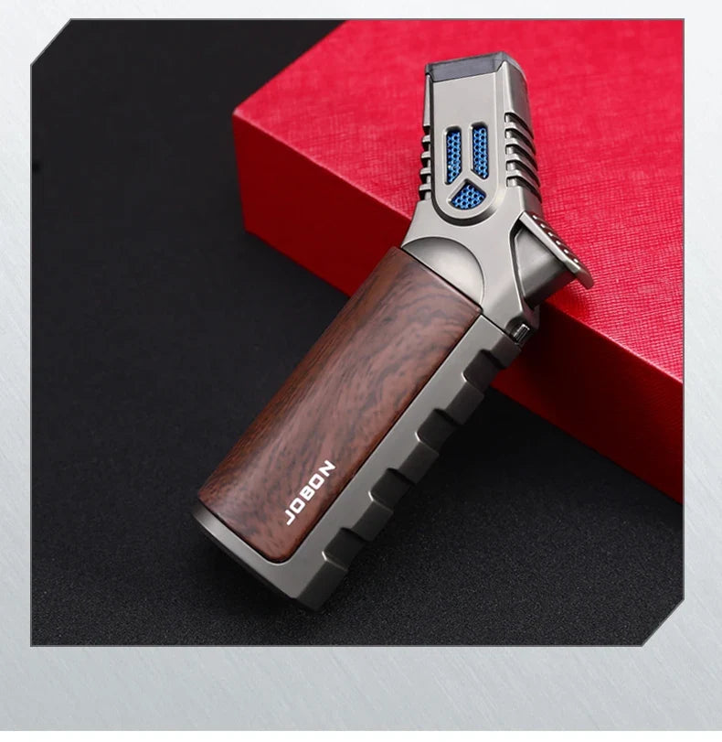 JOBON-Windproof Inflatable Cigar Lighter, Strong Four Blue Flame, Adjustable Size, Fixed Fire Lock Design, Torch Gun Cycle