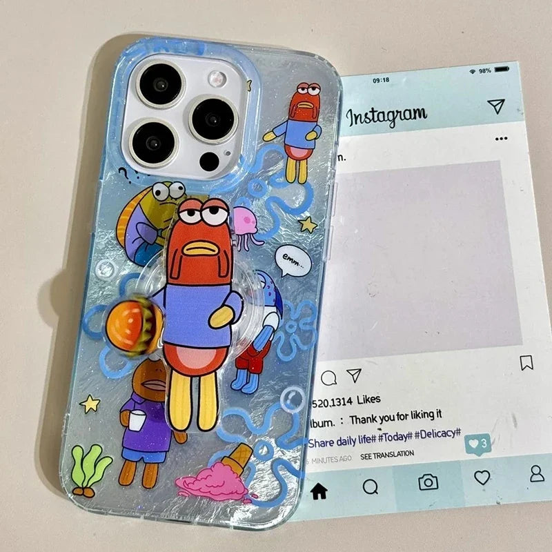 Debbie Fish Grip Tok Holder for iPhone 16 Pro Max 15 14 Plus 16E 14 13 Mini 12 11 XR 7 8 SE Dazzle Lustre Lining Hard Phone Case
