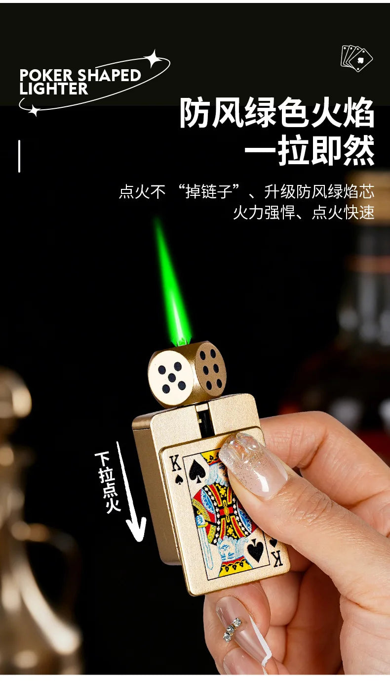 Tiktok Hot Sales Rotating Dice Playing Card Gas Lighter Decompression Toy Tide Play Gas Lighter Green Flame Windproof Lighter