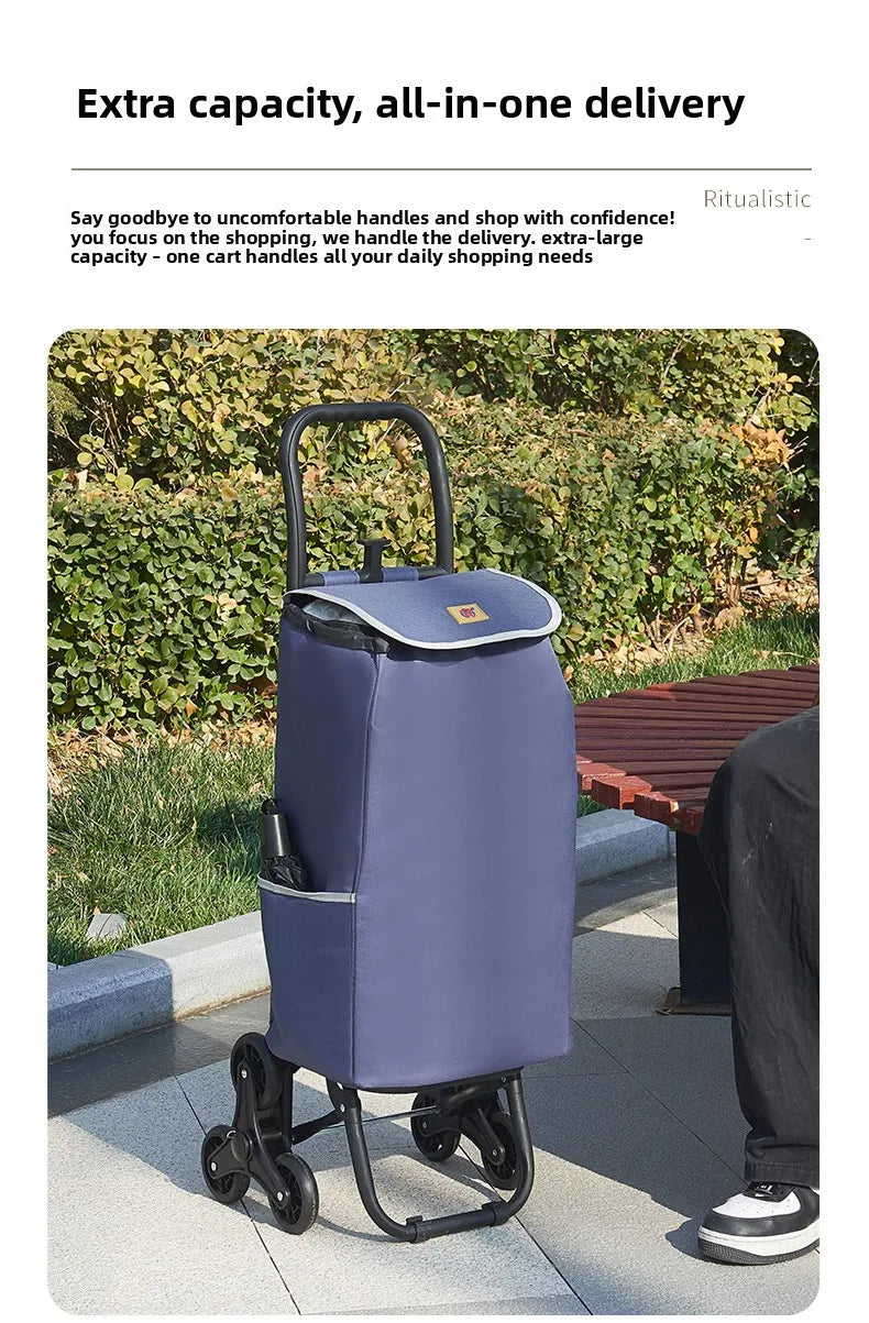 Portable wheeled trolley, climbing three wheeled folding elderly shopping cart, grocery cart, insulated Oxford cloth bag