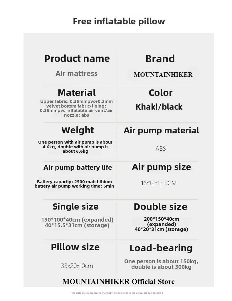 MOUNTAINHIKER New Interior Air Mattress Glamping Mats PVC Inflatable Sleeping Mattress 1/3 Person Camping Bed Mat Built-in Pump