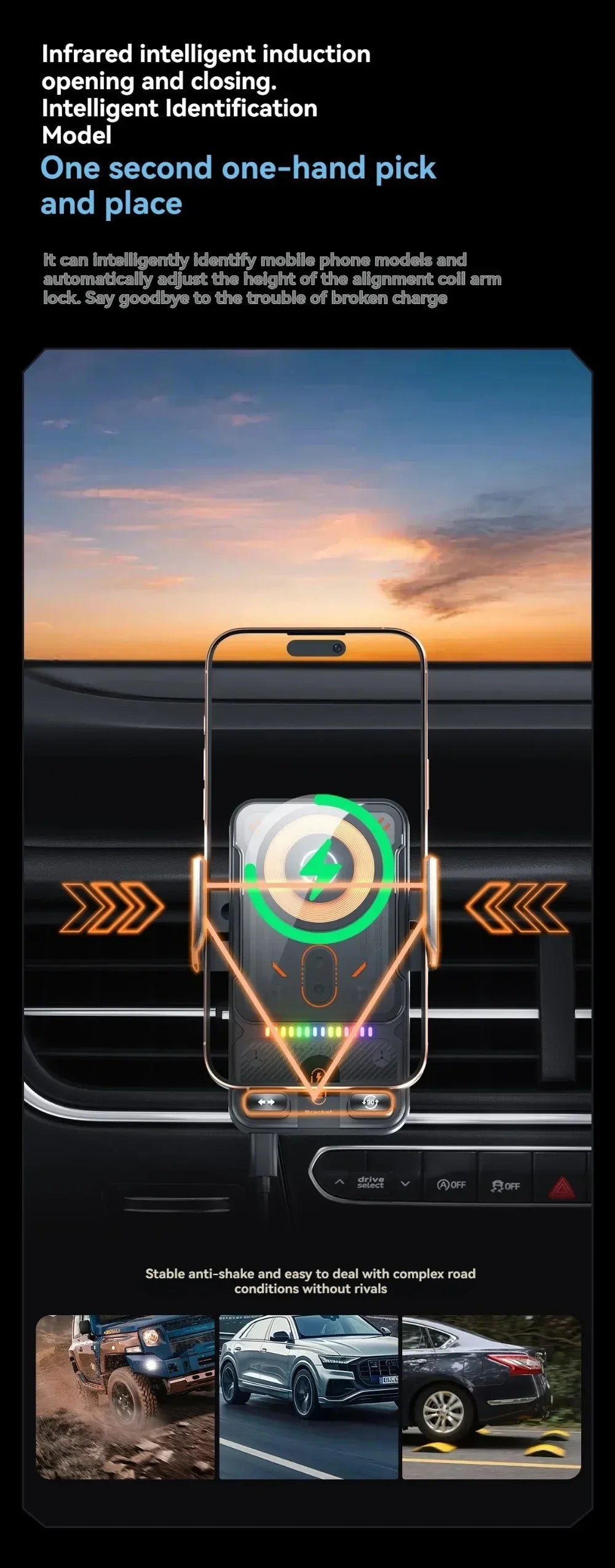 Car Unicersal Air Vent Electric Rotating Opening Closing Phone Holder 15W Wireless Charger Dual Coil Smart Phones Fast Charging