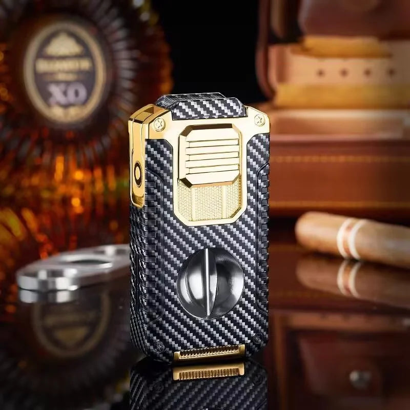 Strong Three Flame Cigar Lighter V-shaped Cigar Cutter Bottom Cigar Drill Cigar Thru Needle Visual Gas Window