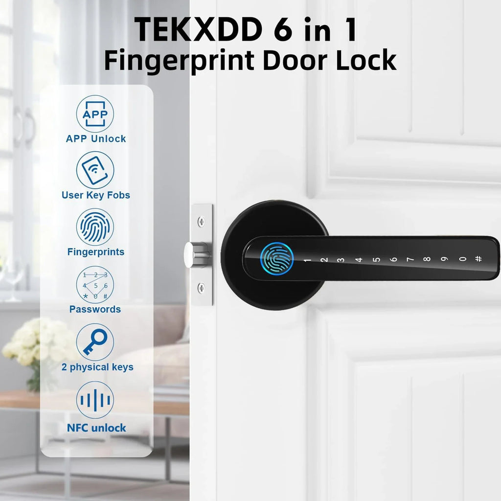 Fingerprint Door Lock with Handle Keyless Entry Door Lock with App Control/Key/IC Card for Home Hotel Office Apartment Bedroom