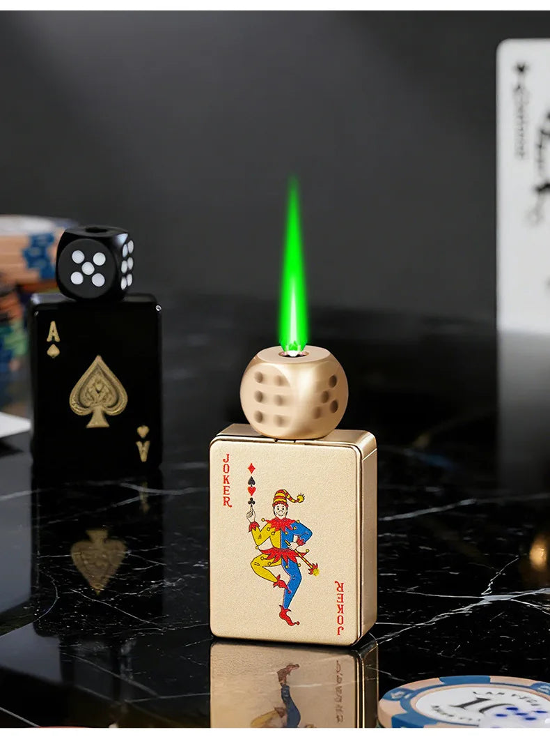 Tiktok Hot Sales Rotating Dice Playing Card Gas Lighter Decompression Toy Tide Play Gas Lighter Green Flame Windproof Lighter