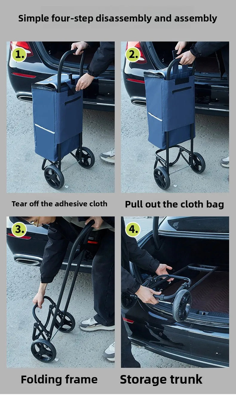 Portable wheeled trolley, climbing three wheeled folding elderly shopping cart, grocery cart, insulated Oxford cloth bag
