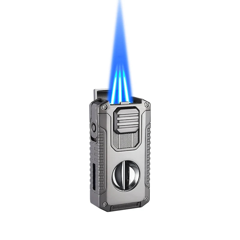 Strong Three Flame Cigar Lighter V-shaped Cigar Cutter Bottom Cigar Drill Cigar Thru Needle Visual Gas Window