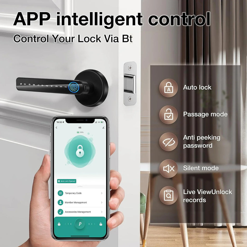 Fingerprint Door Lock with Handle Keyless Entry Door Lock with App Control/Key/IC Card for Home Hotel Office Apartment Bedroom