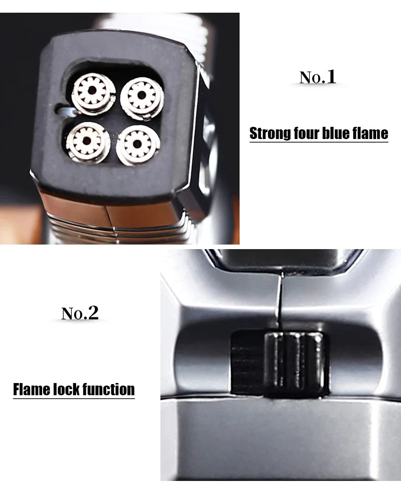 JOBON-Windproof Inflatable Cigar Lighter, Strong Four Blue Flame, Adjustable Size, Fixed Fire Lock Design, Torch Gun Cycle