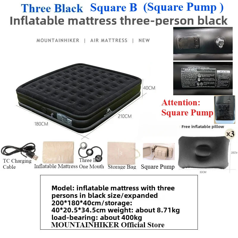 MOUNTAINHIKER New Interior Air Mattress Glamping Mats PVC Inflatable Sleeping Mattress 1/3 Person Camping Bed Mat Built-in Pump