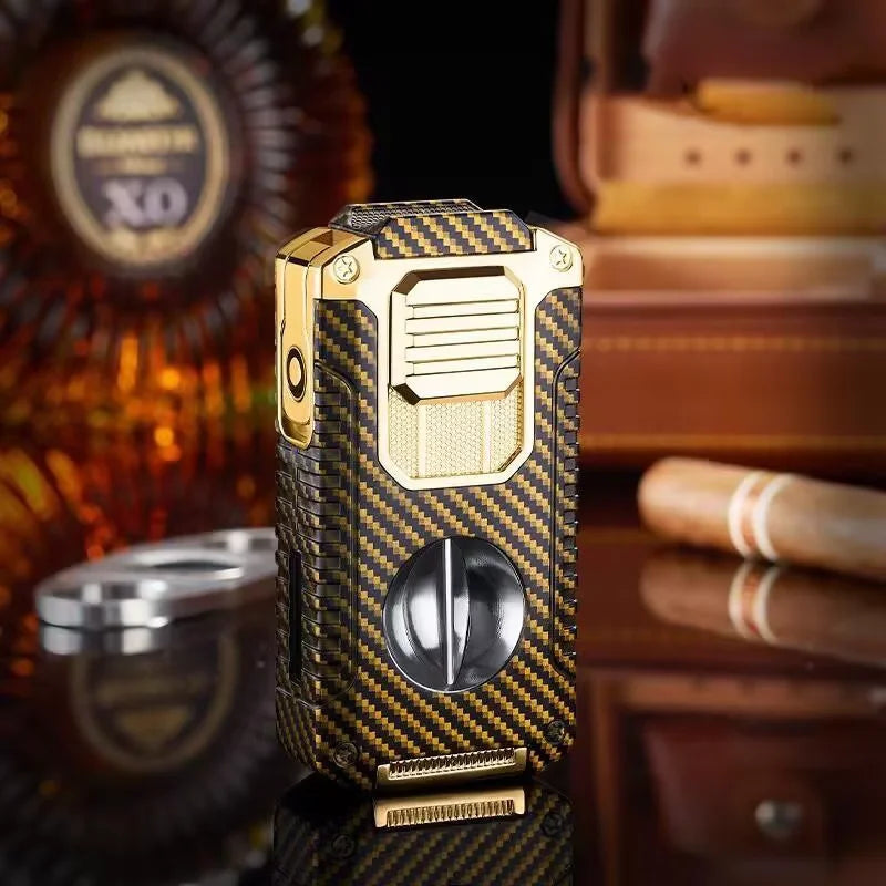Strong Three Flame Cigar Lighter V-shaped Cigar Cutter Bottom Cigar Drill Cigar Thru Needle Visual Gas Window