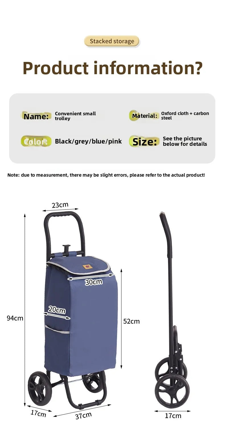 Portable wheeled trolley, climbing three wheeled folding elderly shopping cart, grocery cart, insulated Oxford cloth bag