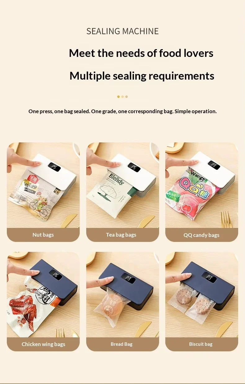 Rechargeable mini sealer with digital display, portable manual sealer, suitable for coffee, tea and snacks, ear-hook style.