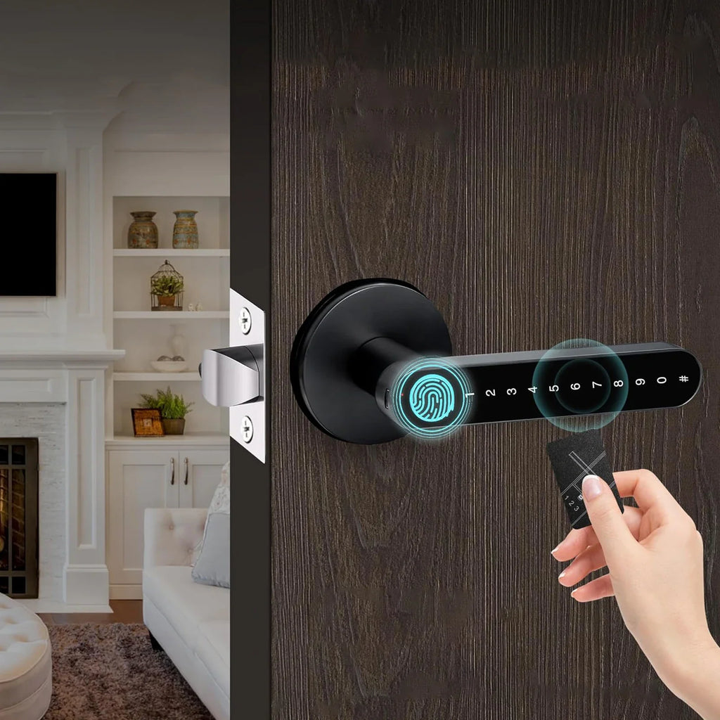 Fingerprint Door Lock with Handle Keyless Entry Door Lock with App Control/Key/IC Card for Home Hotel Office Apartment Bedroom