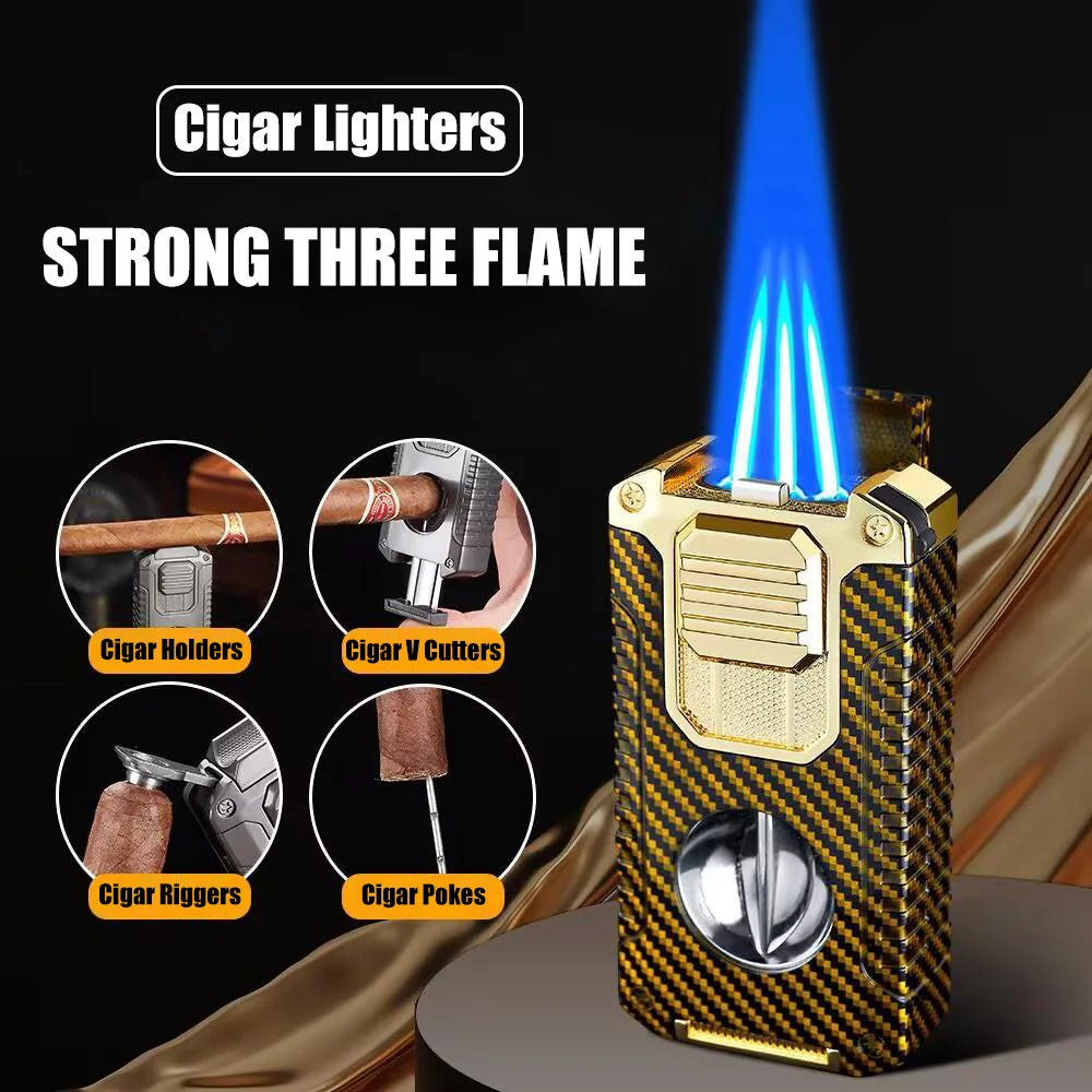 Strong Three Flame Cigar Lighter V-shaped Cigar Cutter Bottom Cigar Drill Cigar Thru Needle Visual Gas Window