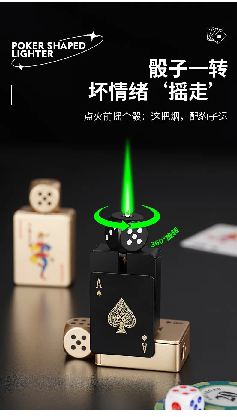 Tiktok Hot Sales Rotating Dice Playing Card Gas Lighter Decompression Toy Tide Play Gas Lighter Green Flame Windproof Lighter