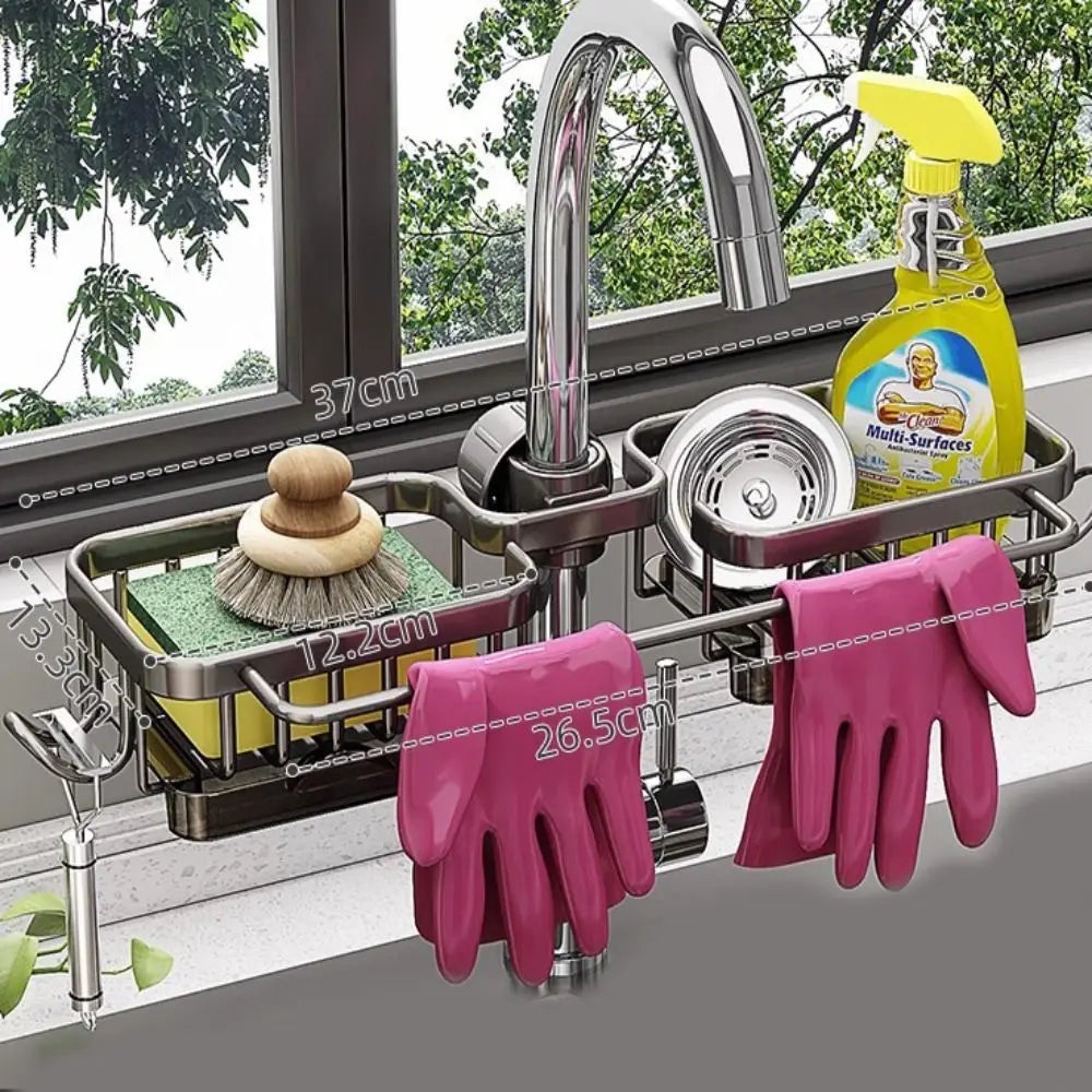 Space Aluminum Kitchen Sink Drain Rack Bathroom Organizer Multipurppse Sponge Storage Basket Soap Drainer Shelf Save Space
