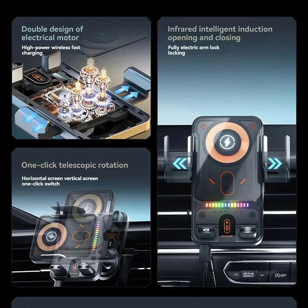 Car Unicersal Air Vent Electric Rotating Opening Closing Phone Holder 15W Wireless Charger Dual Coil Smart Phones Fast Charging