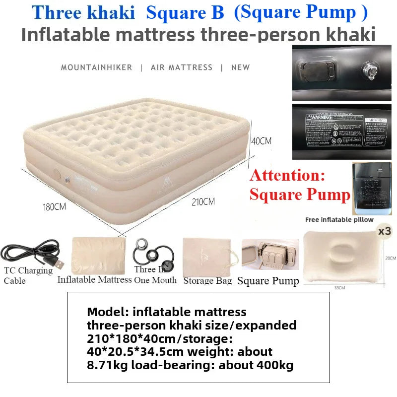 MOUNTAINHIKER New Interior Air Mattress Glamping Mats PVC Inflatable Sleeping Mattress 1/3 Person Camping Bed Mat Built-in Pump