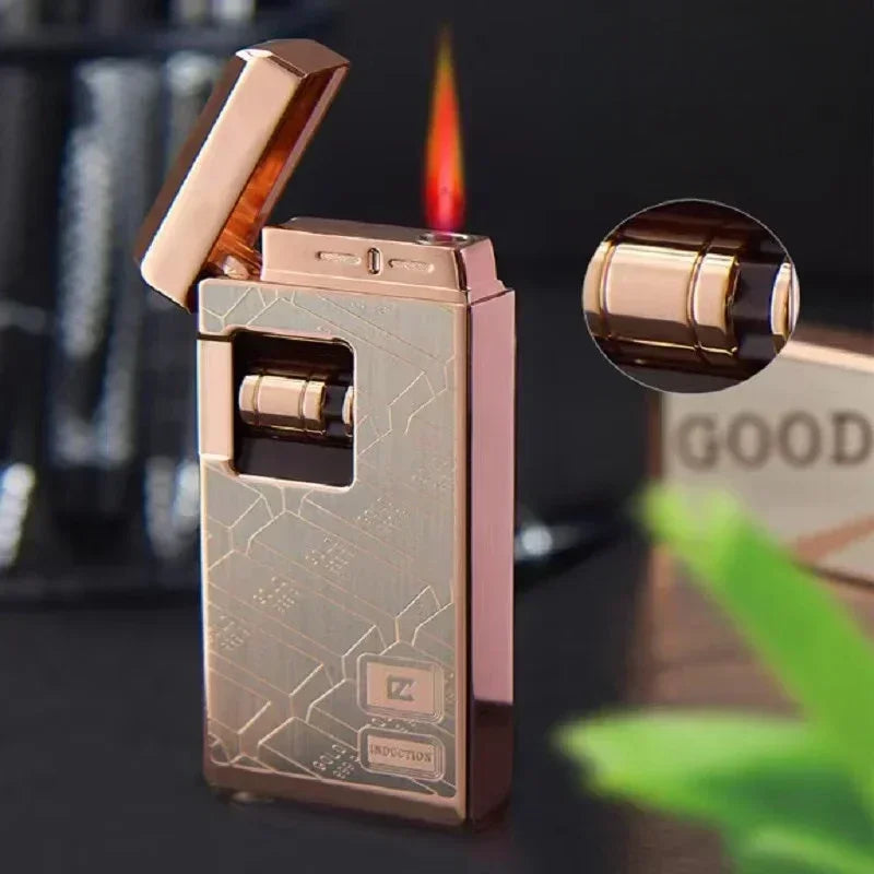 Metal Induction Windproof Red Jet Flame Butane Gas Lighter Creative Touch Roller Battery Ignition Smoking Accessories Gadgets