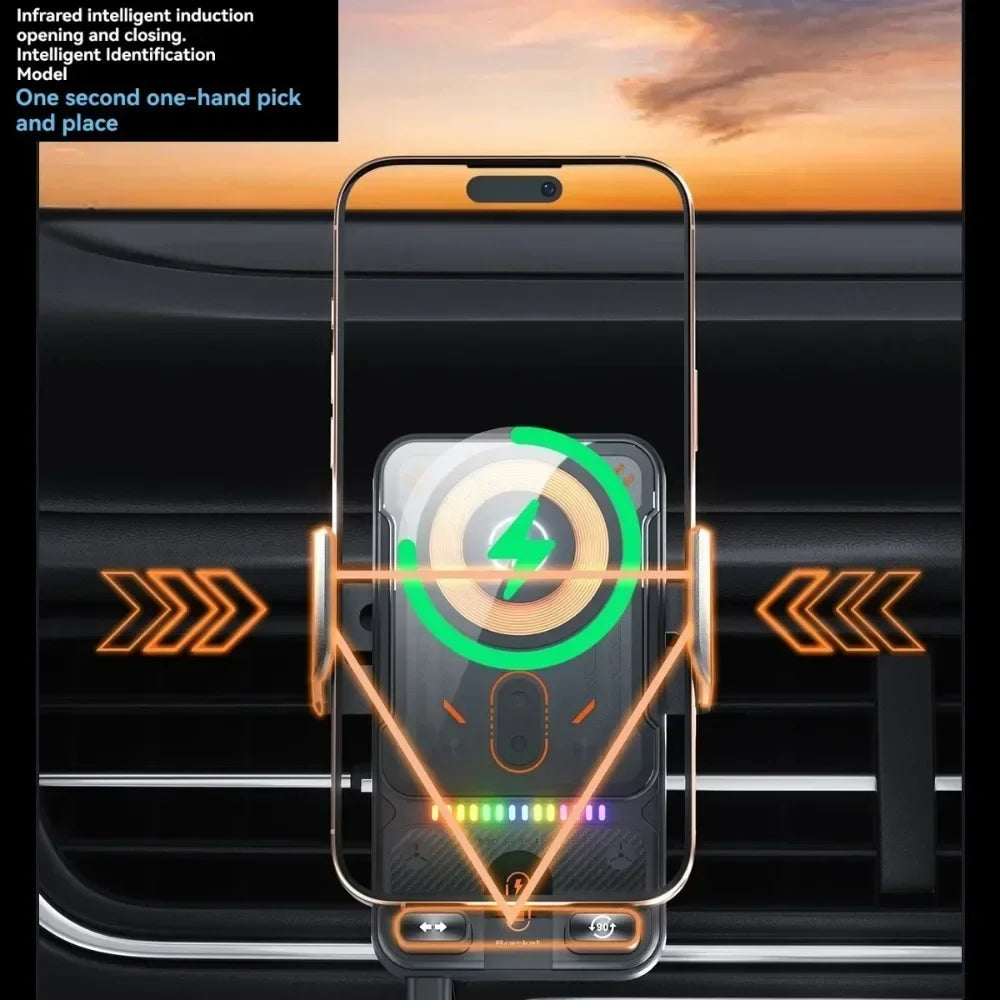 Car Unicersal Air Vent Electric Rotating Opening Closing Phone Holder 15W Wireless Charger Dual Coil Smart Phones Fast Charging