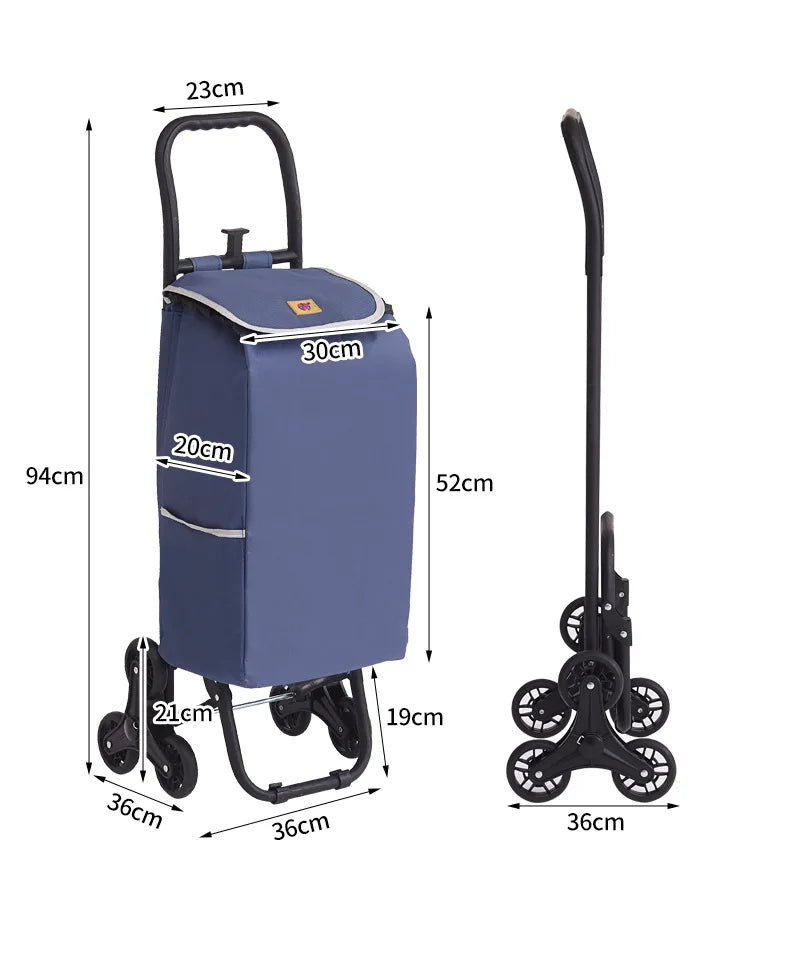 Portable wheeled trolley, climbing three wheeled folding elderly shopping cart, grocery cart, insulated Oxford cloth bag
