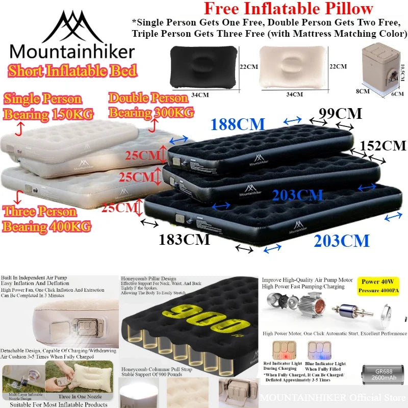 MOUNTAINHIKER New Interior Air Mattress Glamping Mats PVC Inflatable Sleeping Mattress 1/3 Person Camping Bed Mat Built-in Pump