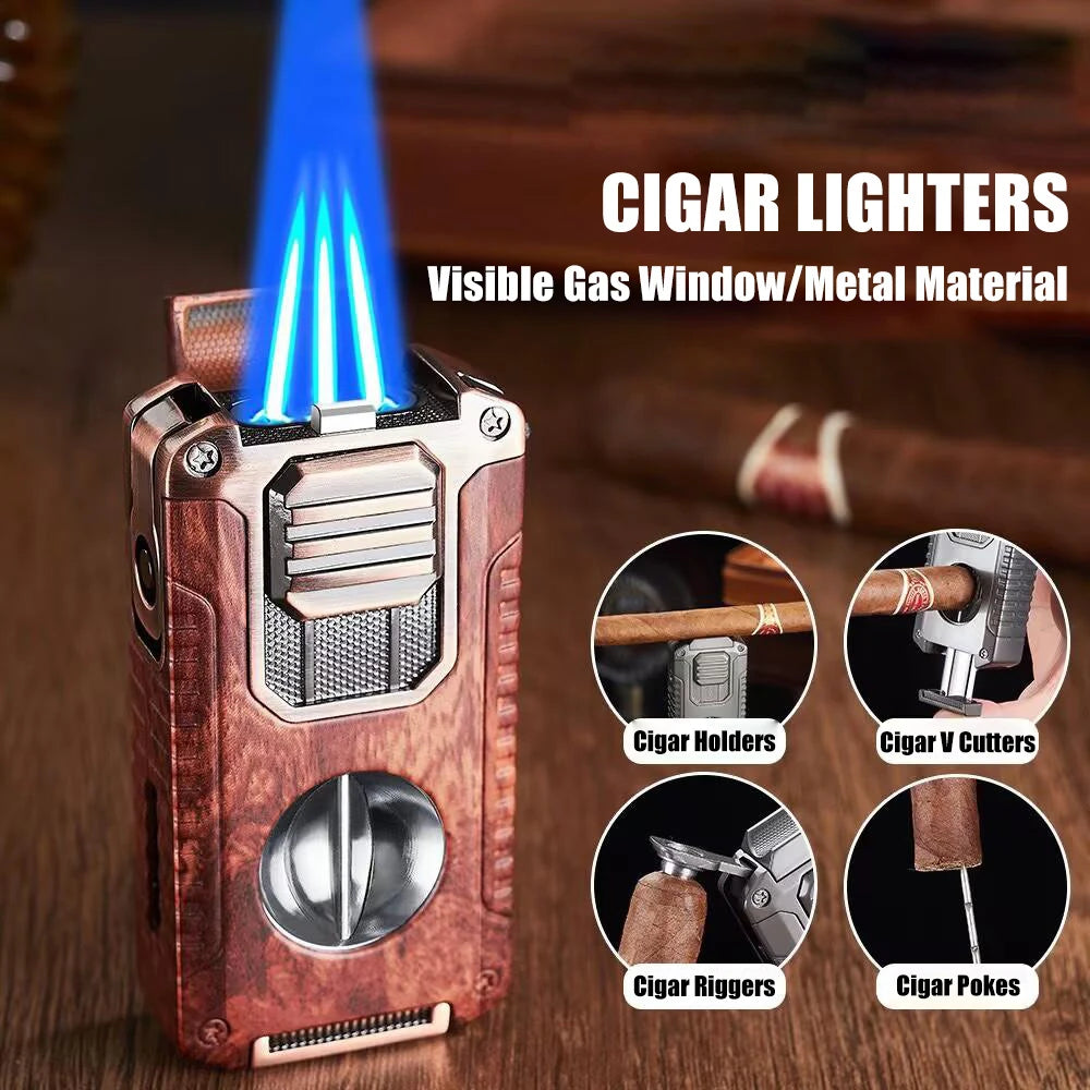 Strong Three Flame Cigar Lighter V-shaped Cigar Cutter Bottom Cigar Drill Cigar Thru Needle Visual Gas Window