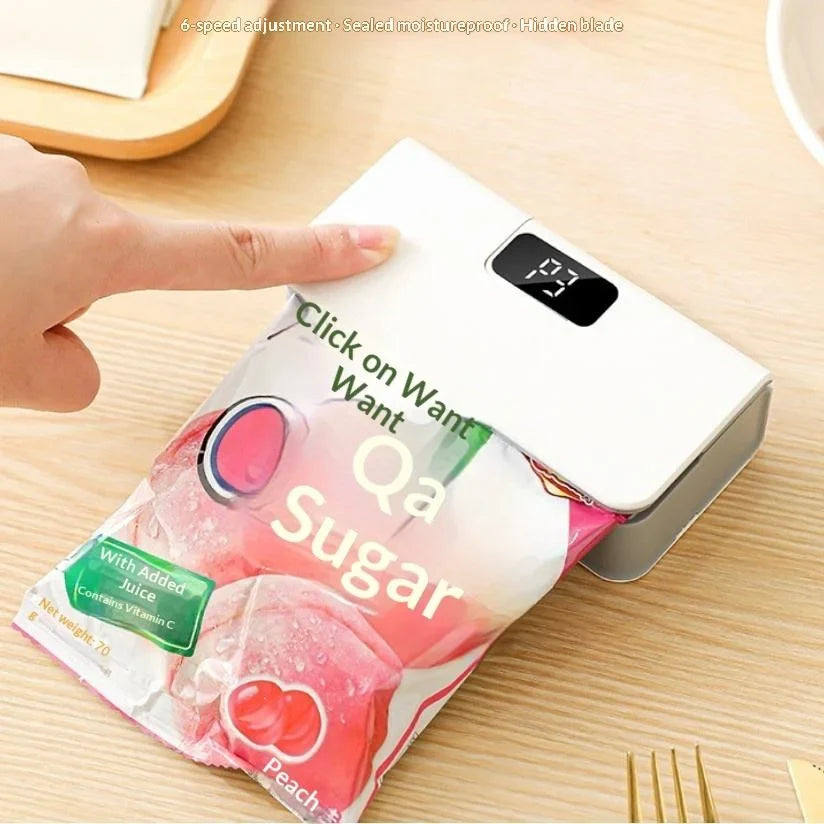 Rechargeable mini sealer with digital display, portable manual sealer, suitable for coffee, tea and snacks, ear-hook style.