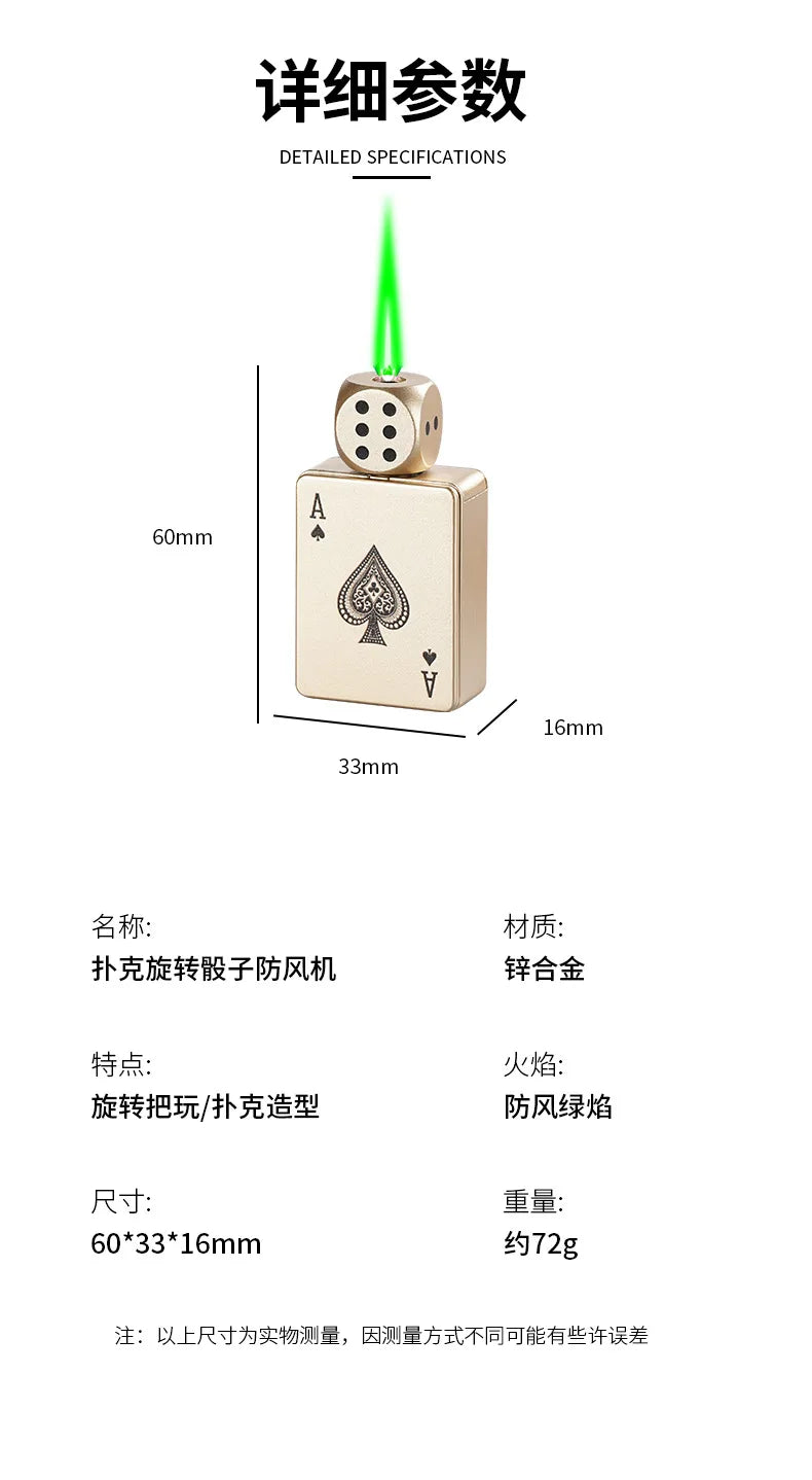 Tiktok Hot Sales Rotating Dice Playing Card Gas Lighter Decompression Toy Tide Play Gas Lighter Green Flame Windproof Lighter