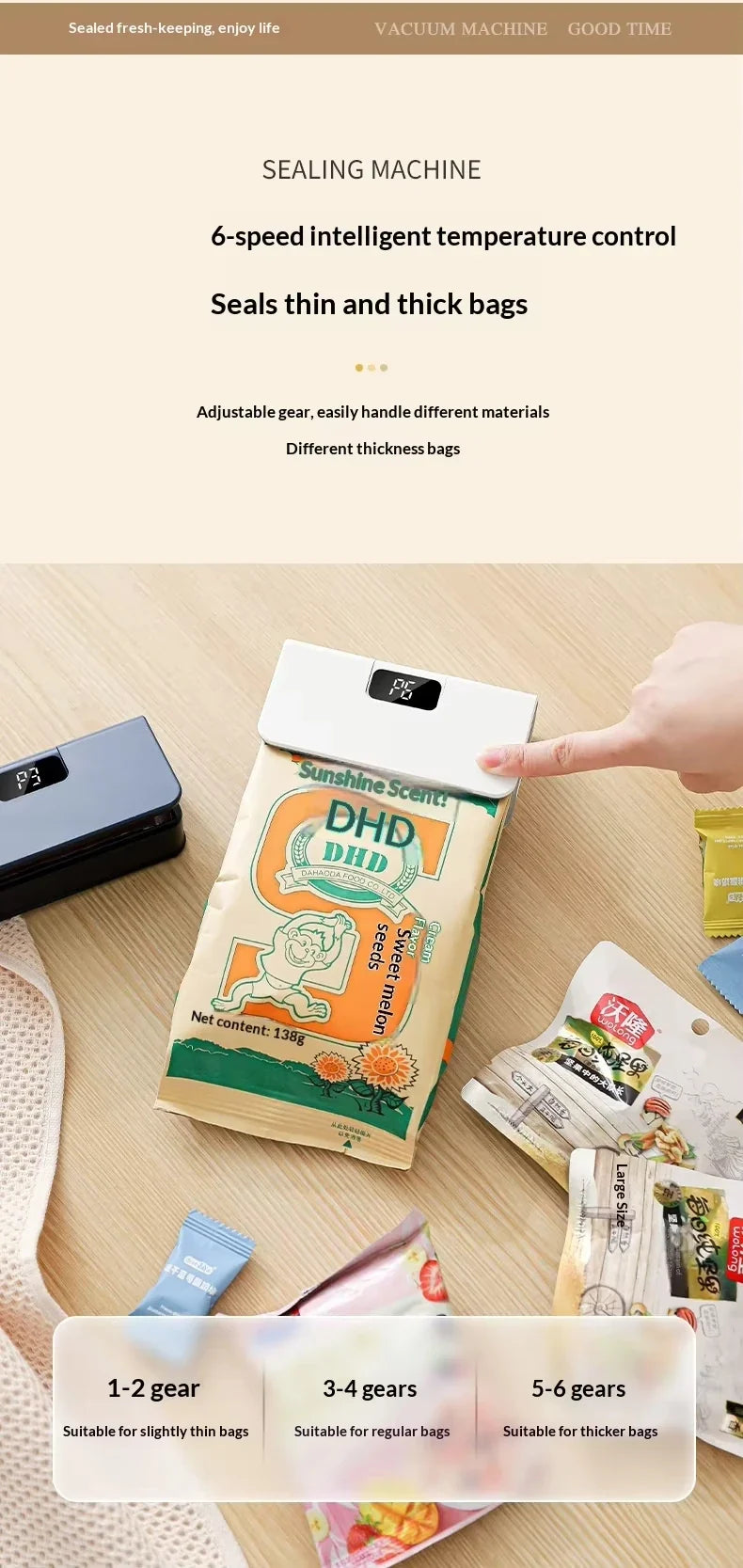 Rechargeable mini sealer with digital display, portable manual sealer, suitable for coffee, tea and snacks, ear-hook style.