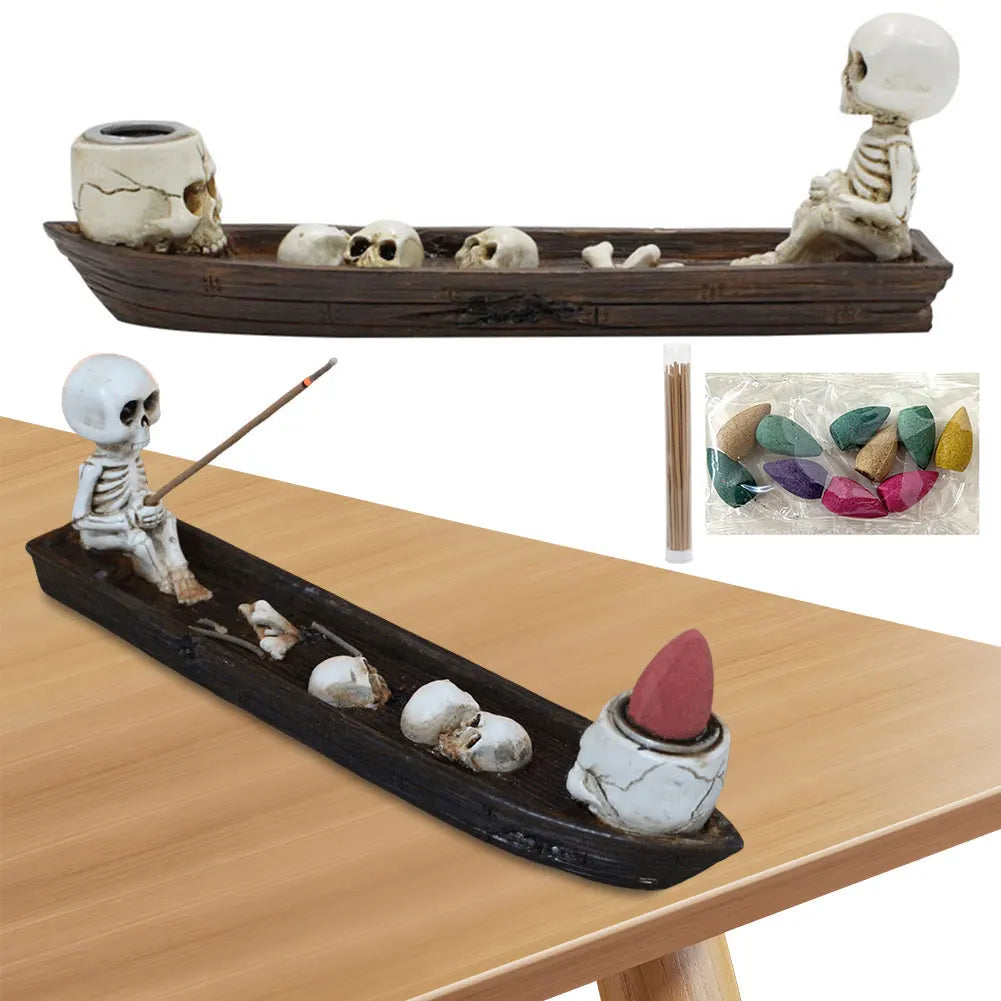 Creative Skull Incense Holder Resin Halloween Decor Skull Incense Burner Cute Skeleton Ship Incense Burner Cool Room Decorations