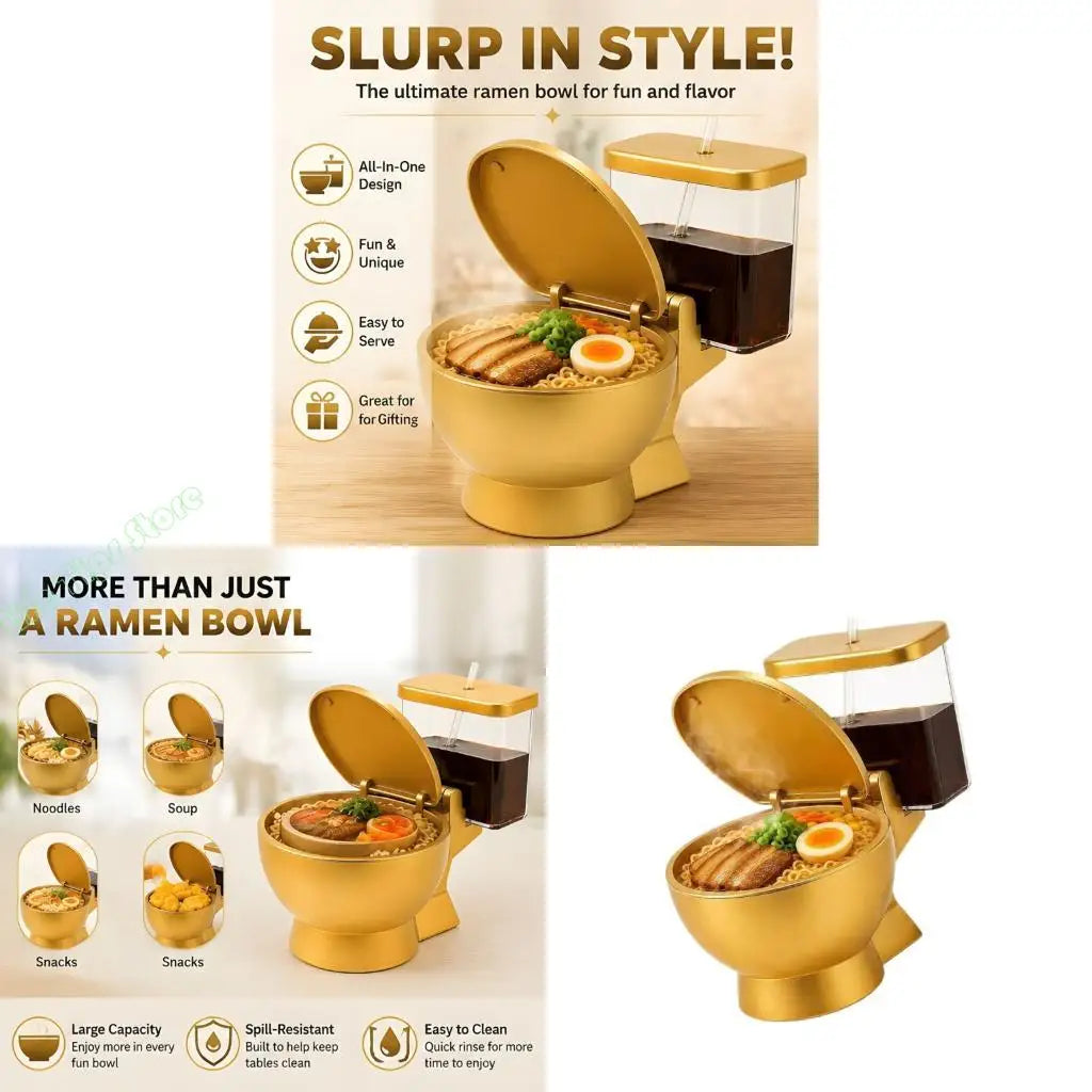 Gold Look Ramen Bowl Set with Side Straw Cup, Hinged Lid, and Toilet Profile for Soup Meals, Dorm Tables, Shared Use, and